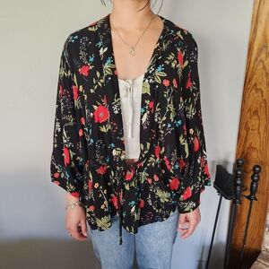 Express Black Floral Tie-Front Blouse